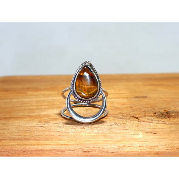 Heaven Crafts Teardrop Tiger Eye Ring Solid 925 Sterling Silver Yellow Gemstone Jewelry Boho Ring For Women