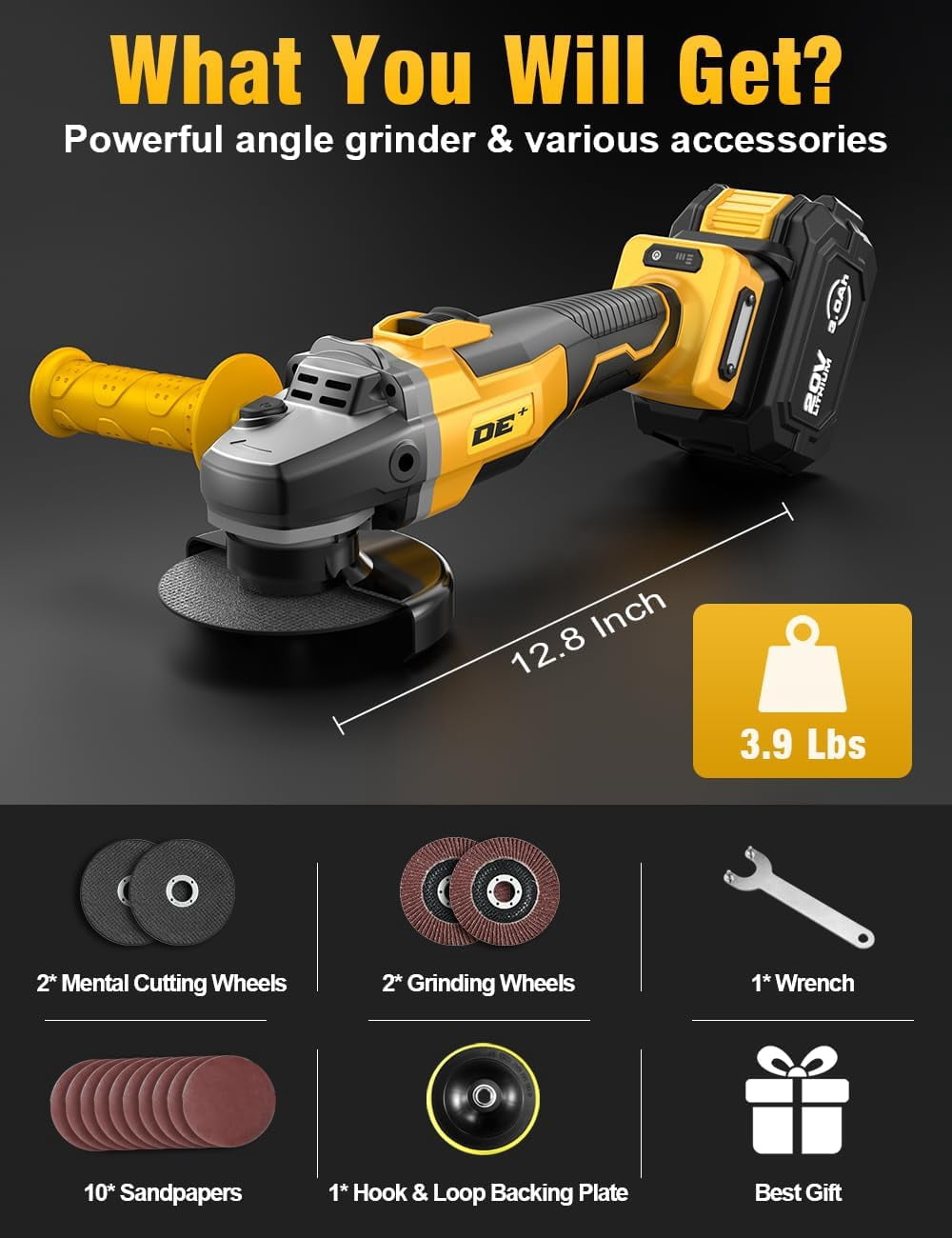 20V Brushless Cordless 4-1/2 inch Angle Grinder, 9000 RPM, lock-on Switch, Compatible with Dewalt 20V Battery (Bare Tool)