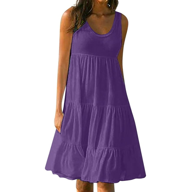 B91xZ Robe Formelle pour Femmes Décontractée à Volants Sans Manches à Col Rond, Taille Smockée Élastique, Robe Midi à Étages, Violet TG