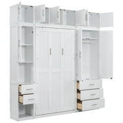 EUROCO Wood Murphy Bed, Storage Wall Bed with Cabinets and Drawers, Clever Furniture Set with Wardrobe for Living Room, Assemble Video Provided, Twin