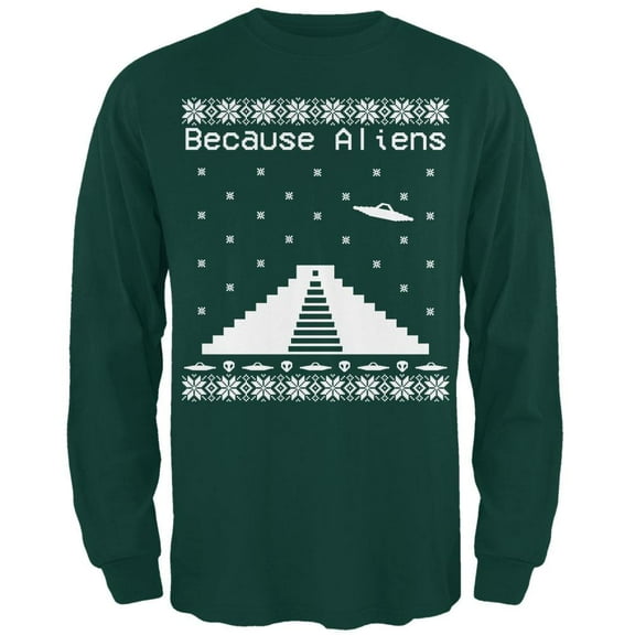 Because Aliens Pyramid Ugly XMAS Sweater Forest Adult Long Sleeve T-Shirt - Large
