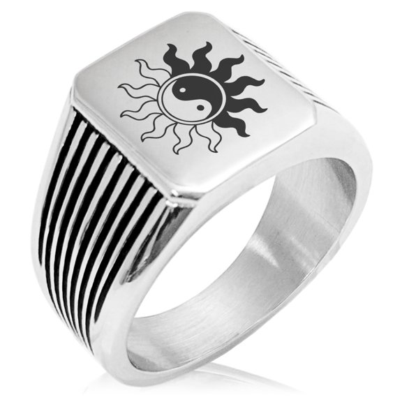 Stainless Steel Blazing Sun Yin Yang Needle Stripe Pattern Biker Style Polished Ring
