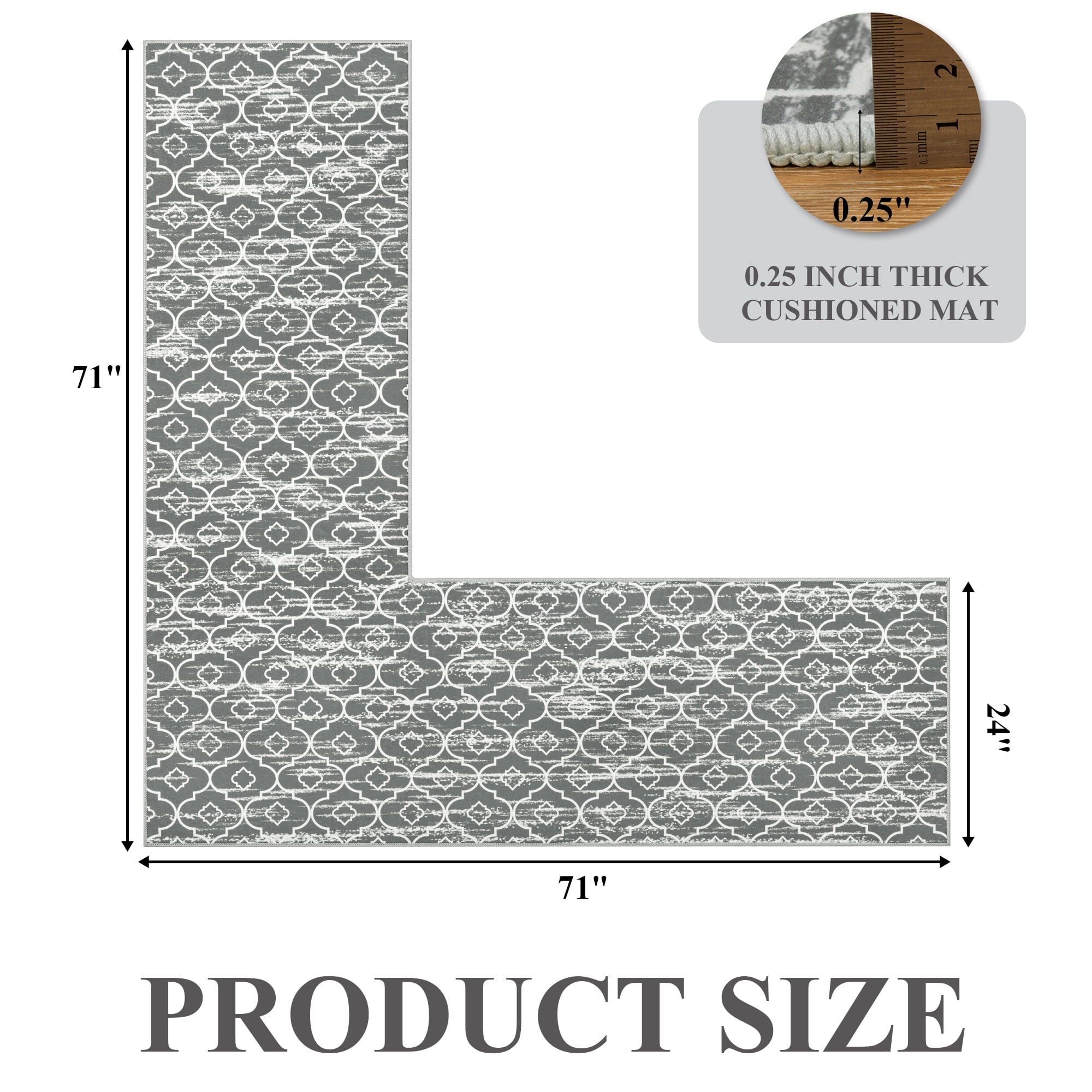 MeyJey Corner Kitchen Rug, 1 Piece Anti-Slip L Shape Kitchen Mat for Floor, Absorbent Runner in Front of Sink, Washable Floor Rugs for Home,Kitchen(Gray-L,24”x 71”x 71”)