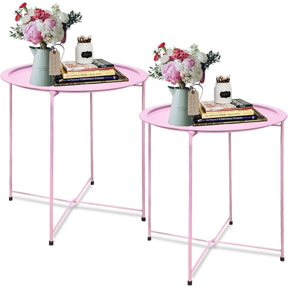Dueatib Indoor Outdoor Modern Folding Metal Round End Table, Pink (Set of 2 )