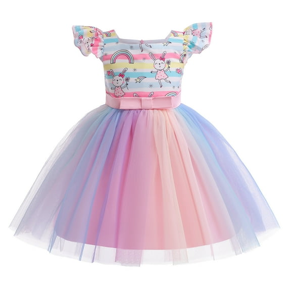 SUEE Girl Easter Ruffle Sleeve Casual Dress Princess Mesh Tulle Sundress 2-9Y