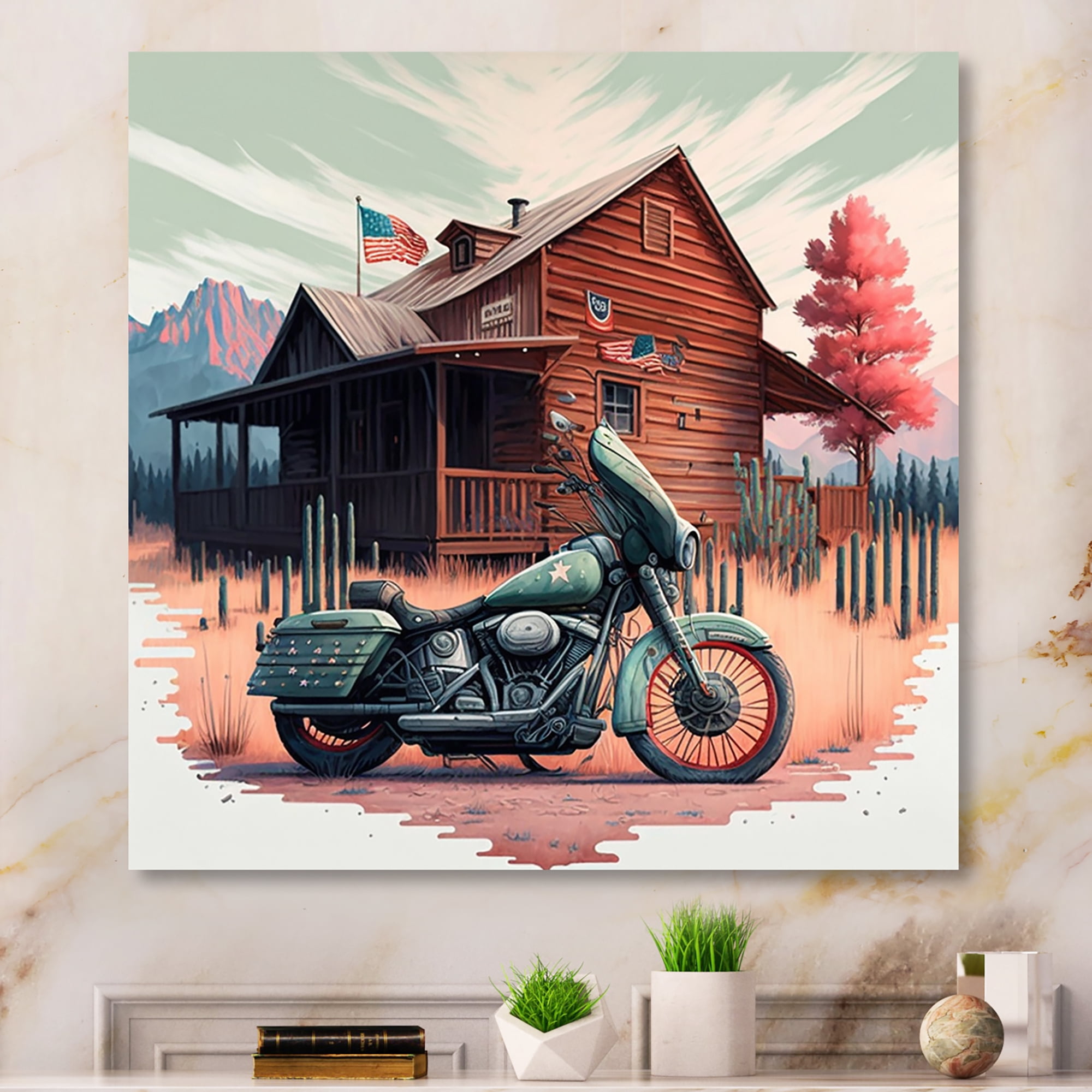 Designart Motorcycle Parked At The Cabin V Canvas Wall Art