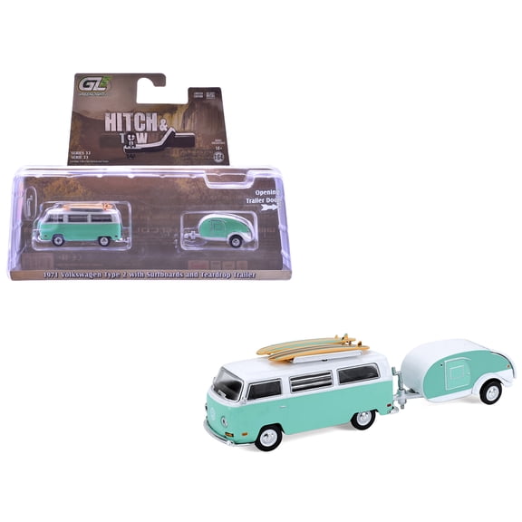 1971 Volkswagen Type 2 Van Seafoam Green and White with Surfboards and Teardrop Trailer 1/64 Diecast Model Cars by Greenlight