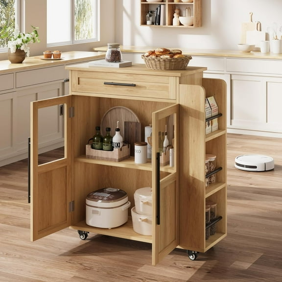 WALYWIK Rolling Wooden Kitchen Island with Drawer, Kitchen Cart with Storage Cabinet on Wheels, Thicker Wooden Top Portable Trolley Island with 3 Spice Rack for Kitchen, Dining Room, Natural Oak