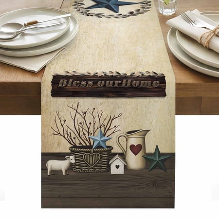 Texas Stars Vintage Table Runner - 72 Inch Long Kitchen Dining Table Runner Dresser Scarves Bless OurHome Pots Country Wood Grain Farmhouse Decor for Coffee Tables Wedding Party Banquet
