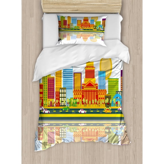 Charleston Duvet Cover Set Twin Size, West Virginia Business Travel Concept Colorful Skyline United States of America, Decorative 2 Piece Bedding Set with 1 Pillow Sham, Multicolor, by Ambesonne