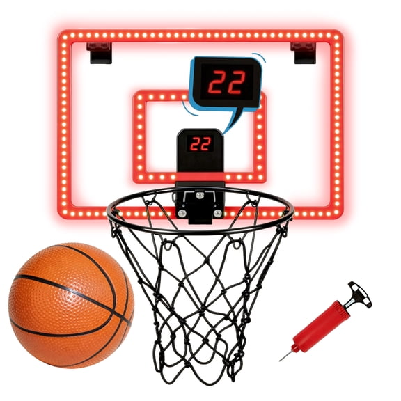 GARITIN Indoor Basketball Hoop for Kids, Over The Door Basketball Hoop Set with LED Lights, Scoreboard, 1 Balls & Sound Effects, LED Basketball Hoops for Teens Adults Boys Toys