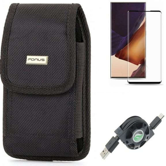 USB Cable & Screen Protector & Case Belt Clip for Samsung Galaxy Note 20 Ultra (6.9") - Combo with Retractable Type-C & Tempered Glass (Fingerprint Unlock) & Swivel Holster