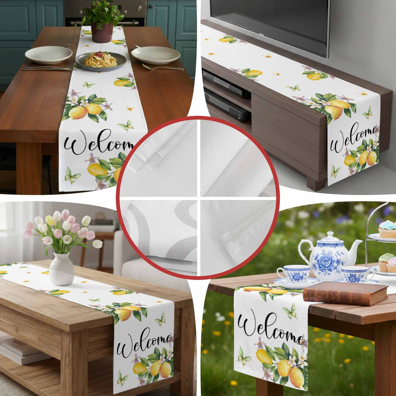 Summer Lemon Flower Leaves Table Runner 90 Inches Long, Butterfly Welcome Quote Table Runners Tabletop Scarf Kitchen Dining Tables Decoration for Home Party Indoor Outdoor