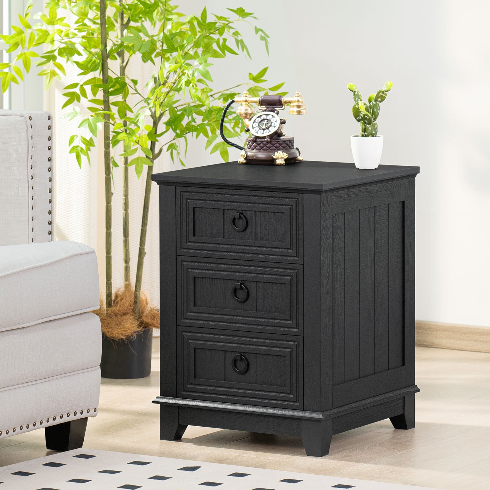 Joaxswe Nightstand, Modern 3 Drawer Nightstand, Black Nightstand with Ring Handle, Wooden Side Table Storage Cabinet Unit for Bedroom/Living Room