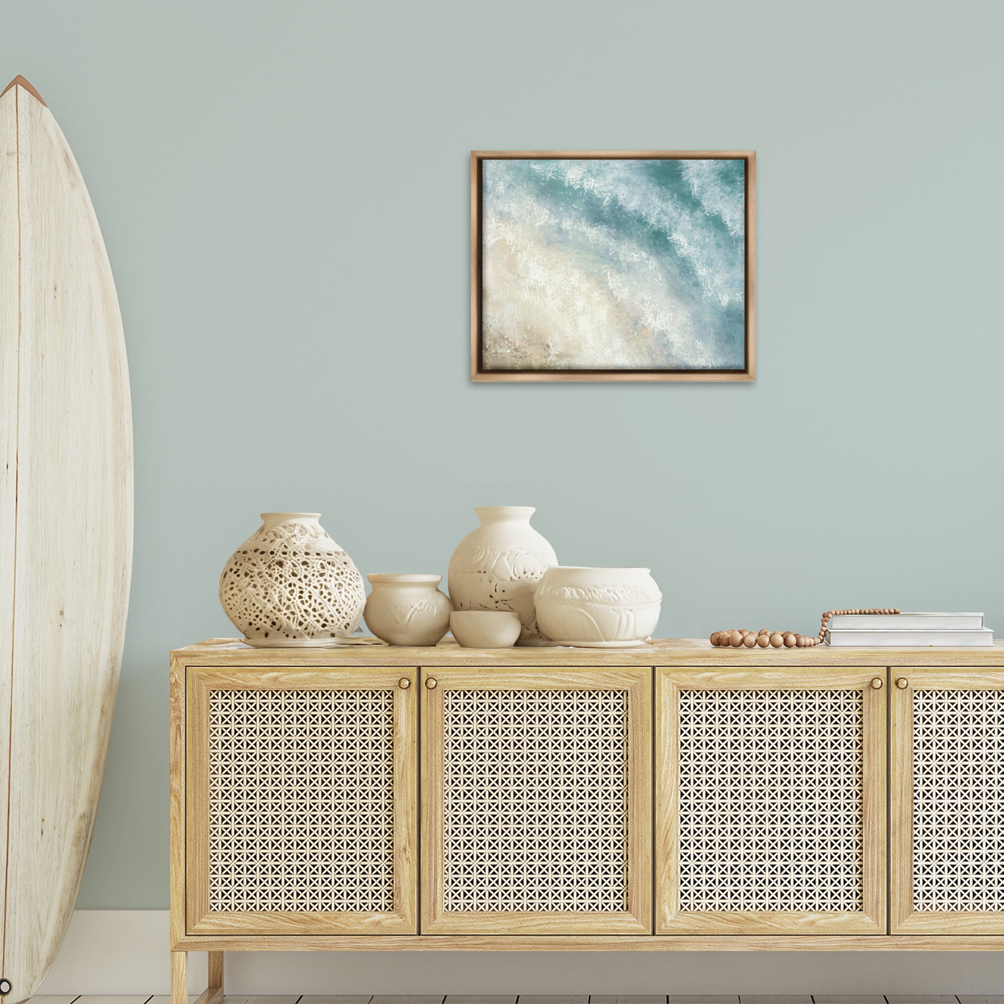Stupell Industries Aerial Shore Foamy Waves Nautical & Beach Painting Brown Floater Framed Canvas Art Print Wall Art, 21 x 17