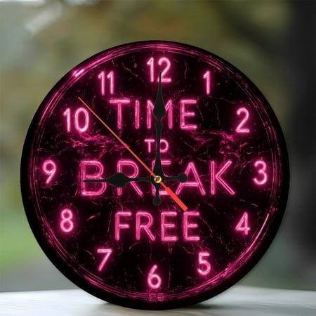 Pink Neon Clock Time To Break Freedom Wall Decor 10-Inch Silent Wooden Wall Clock, Battery Operated (AA Batteries Not Included), Artistic Home Decor