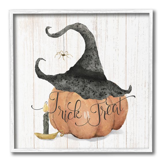 Stupell Industries Pumpkin & Witch Hat Holiday Painting White Framed Art Print Wall Art, 12 x 12