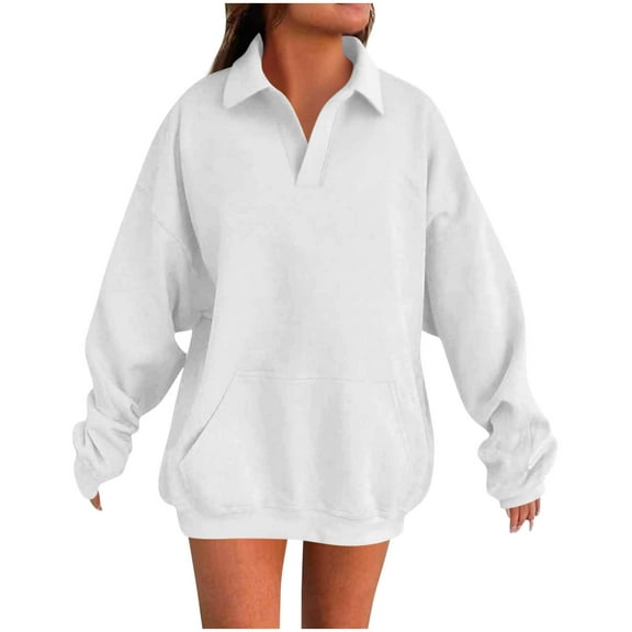 Womens Sweatshirts No Hood Lapel Collar Long Sleeve V Neck Shirts Solid Color Casual Baggy Blouse with Pocket (XL, White)