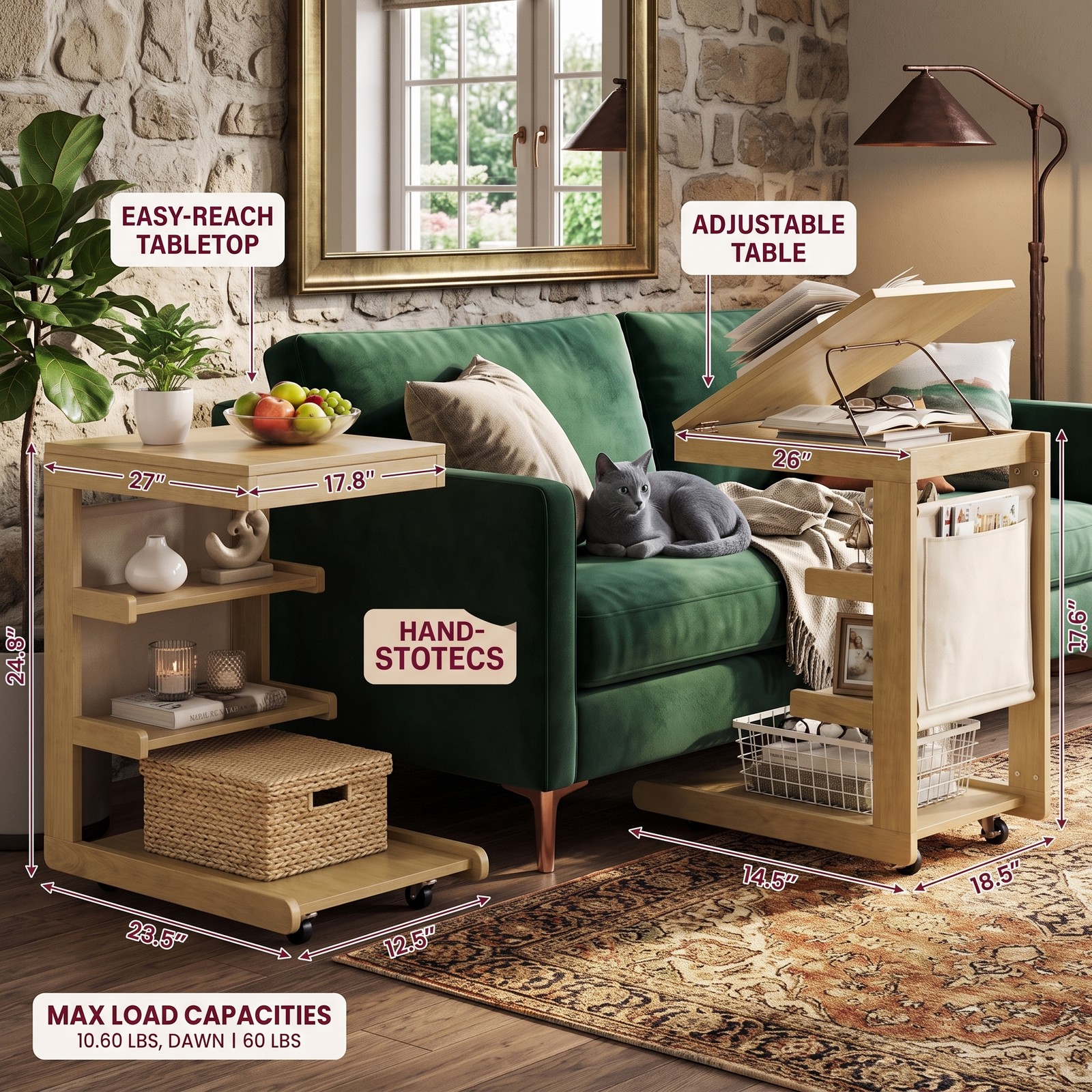 Furnibear C Shaped End Table with Wheels and Adjustable Tilt Desktop, Rolling Sofa Side Table with Hidden Storage and 3 Open Shelves for Couch Bedside Living, Natural