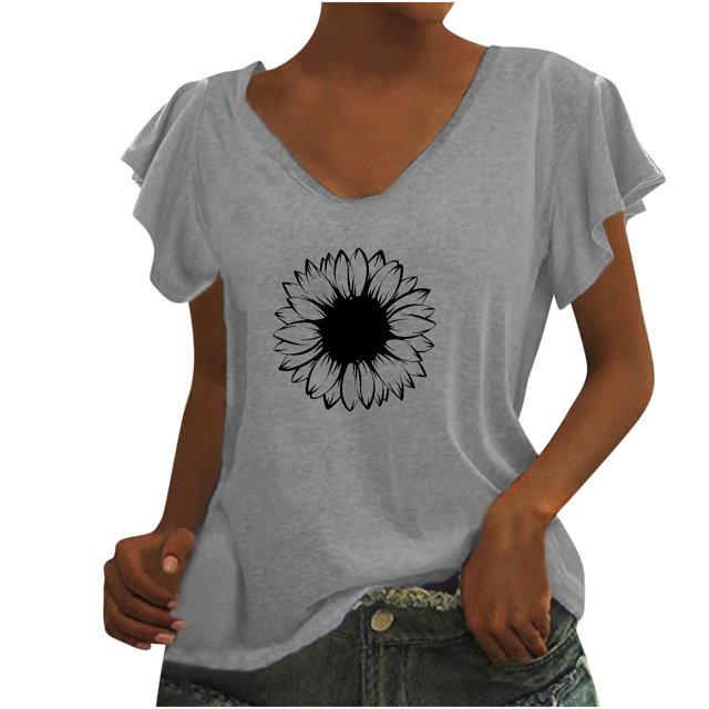 Camiseta informal para mujer, blusa estampada con volantes, manga corta, cuello en V, Tops Fridja ghk6812