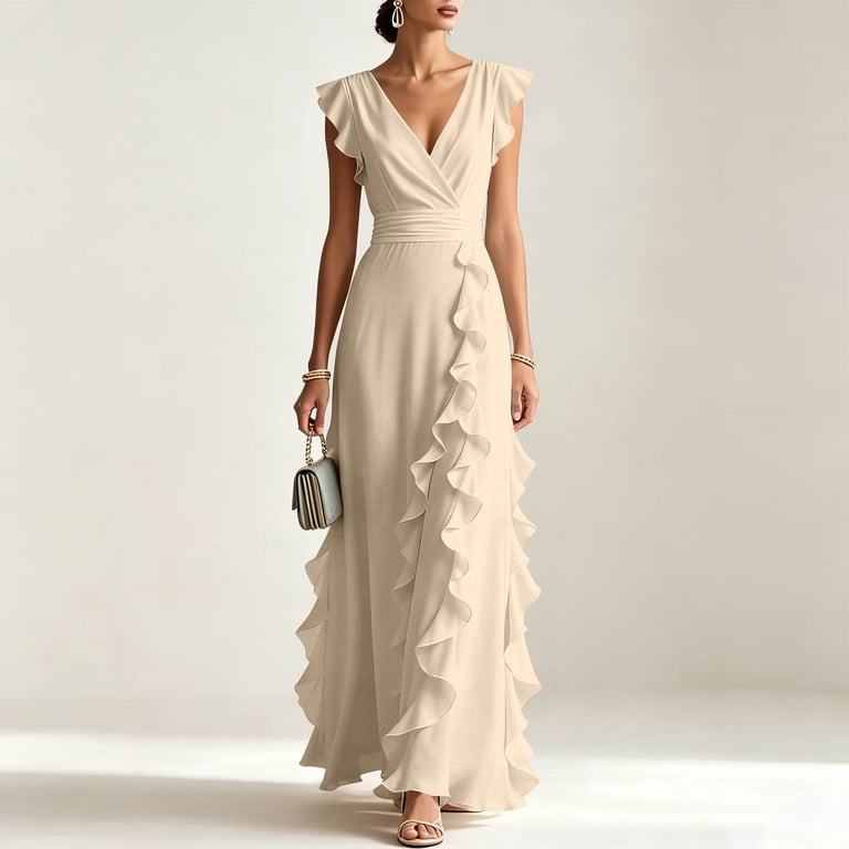 ruffle sleeve formal dress Women's V Neck Maxi Dress, Flutter Evening Gown, Elegant Wedding Guest Bridesmaid with Zipper May62026