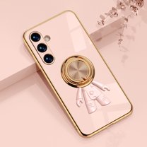 ELEHOLD Cute Case for Samsung Galaxy A34 5G Ultra Slim Thin Three-Dimensional Astronaut Hidden Kickstand Finger Ring Gold Plating Shockproof Case,Lightpink