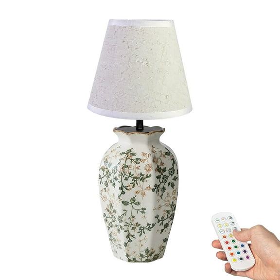 Kiven Cordless Table Lamp, Dimmable LED Vase Lamps with Fabric Lampshade, Classic Cottage Ambient Light, 1-Light Rechargeable Nightstand Lamp for Office Bookcase Bedside TD1000