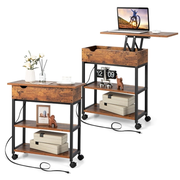 Gymax Rolling 2PCS Lift Top End Table w/ Charging Station Narrow Sofa Side Table with Hidden Compartment & 2 Open Shelves