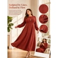 thumbnail image 5 of Mengpipi Women's Plus Size Knits Fall Spring Long Sleeve Round Neck Puff Sleeve Ribbed A-Line Solid Color Casual Comfortable Midi Dress 1X-5X, 5 of 9