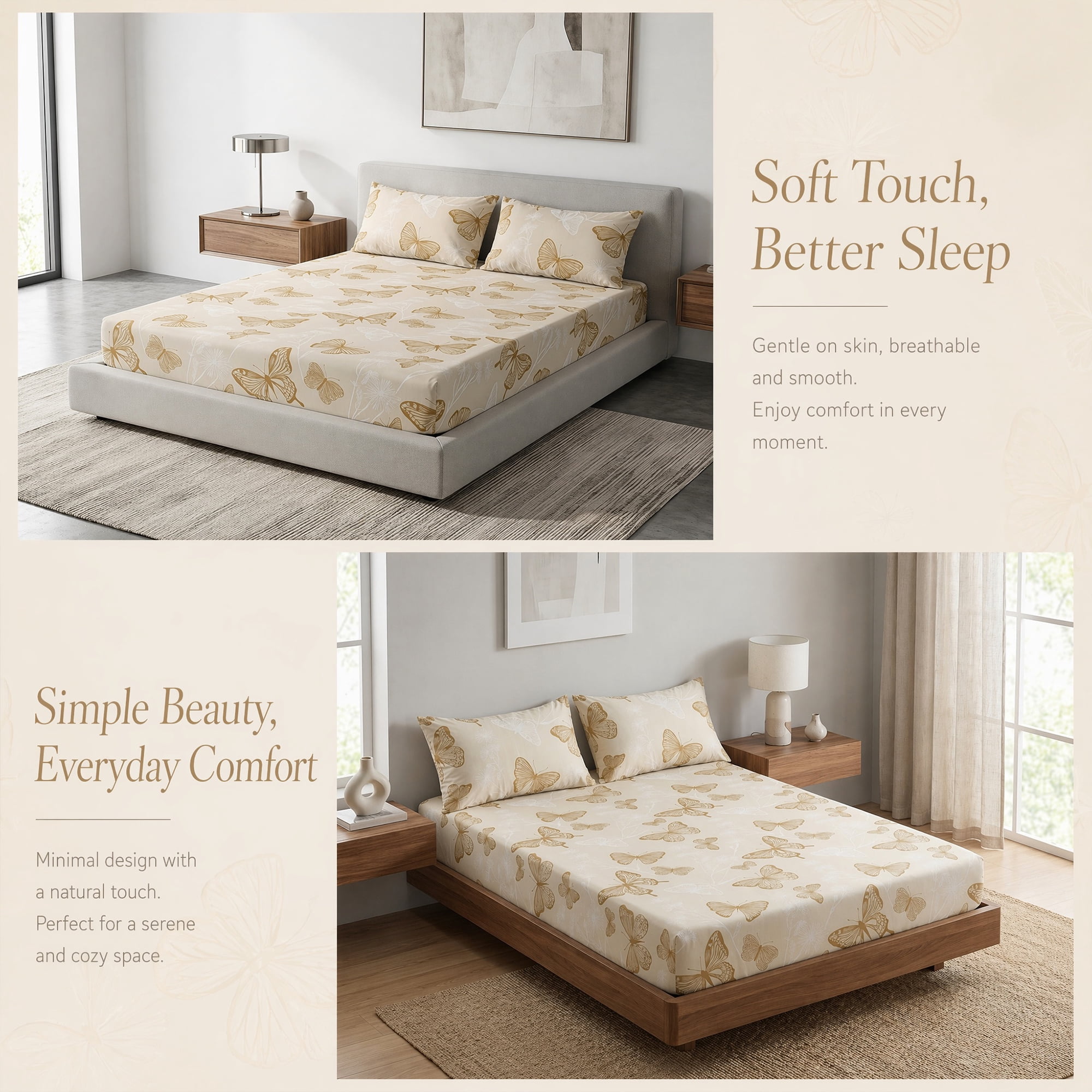 Unique Bargains Fitted Sheet Butterfly Pattern Microfiber Bed Sheets Beige 78.0"x79.9"