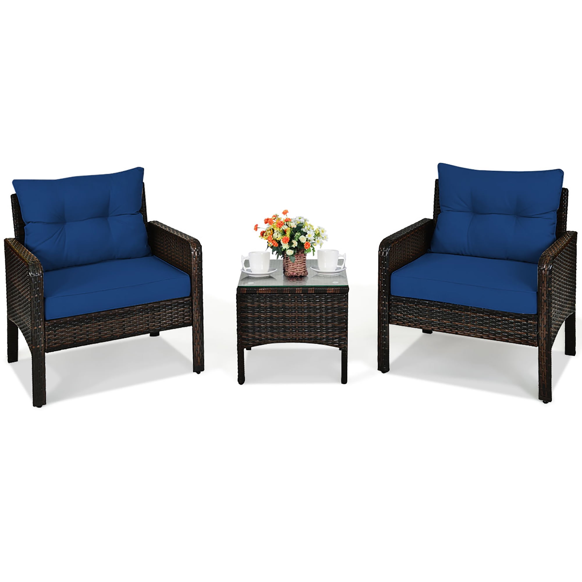 Costway 3PCS Outdoor Rattan Conversation Set Patio Garden Cushioned Sofa Chair Navy