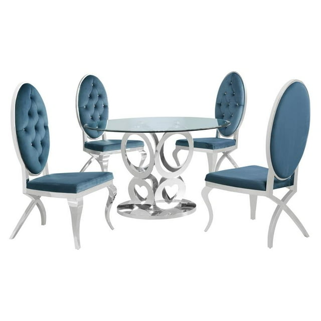 Silver Stainless Steel 5 Piece Dining Set with Round Clear Glass Table