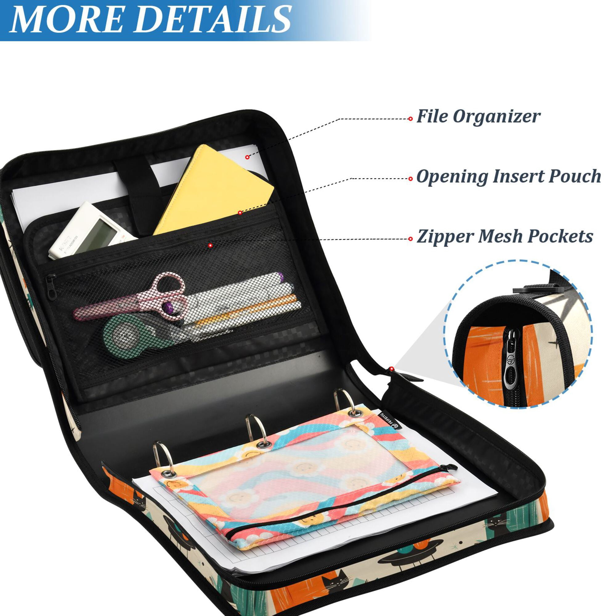 FORMRS Zipper Binder with Shoulder Strap 2-inch Ring 500 Sheet Capacity File Bag, Black Cats Reading