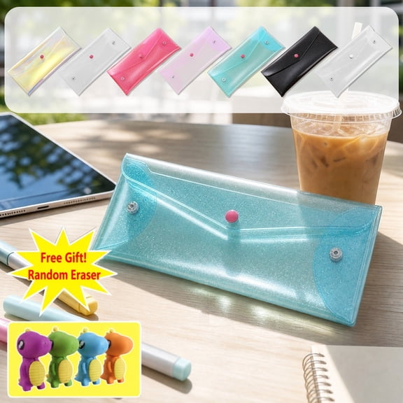 FastXmas Small Pencil Case, Cute Pencil Pouch with Glitter Plastic Pencil Bag with Zipper, Portable Stationery Storage Case for Office College(Blue)