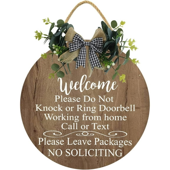Eveokoki 12" Welcome Please Do Not Knock Or Ring Doorbell Working From Home Call Or Tex Please Leave Packages No Soliciting Sign,Wood Hanging Sign Office Meeting Door