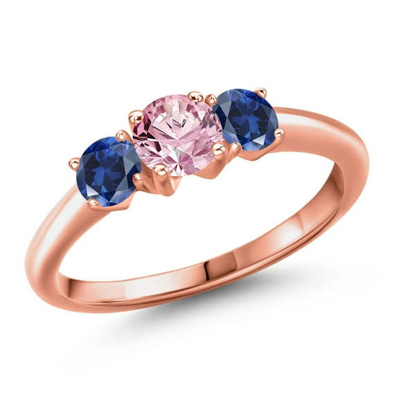 Gem Stone King 18K Rose Gold Plated Silver Pink Lab Grown Diamond and Blue Created Sapphire Engagement Ring for Women | 1.00 Cttw | Round 5MM | Gemstone April Birthstone | Size 7
