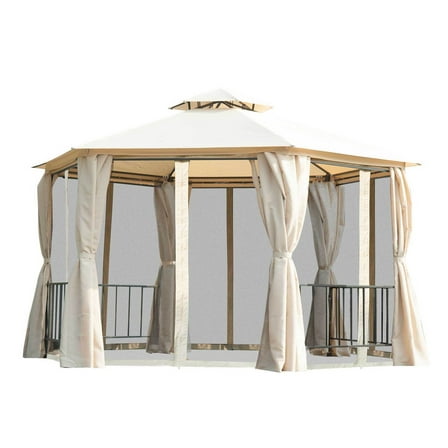 13' x 13' Patio Gazebo, Double Roof Hexagon Outdoor Gazebo Canopy Shelterwith Netting & Curtains, Solid Steel Frame for Garden, Lawn, Backyard and Deck, Beige
