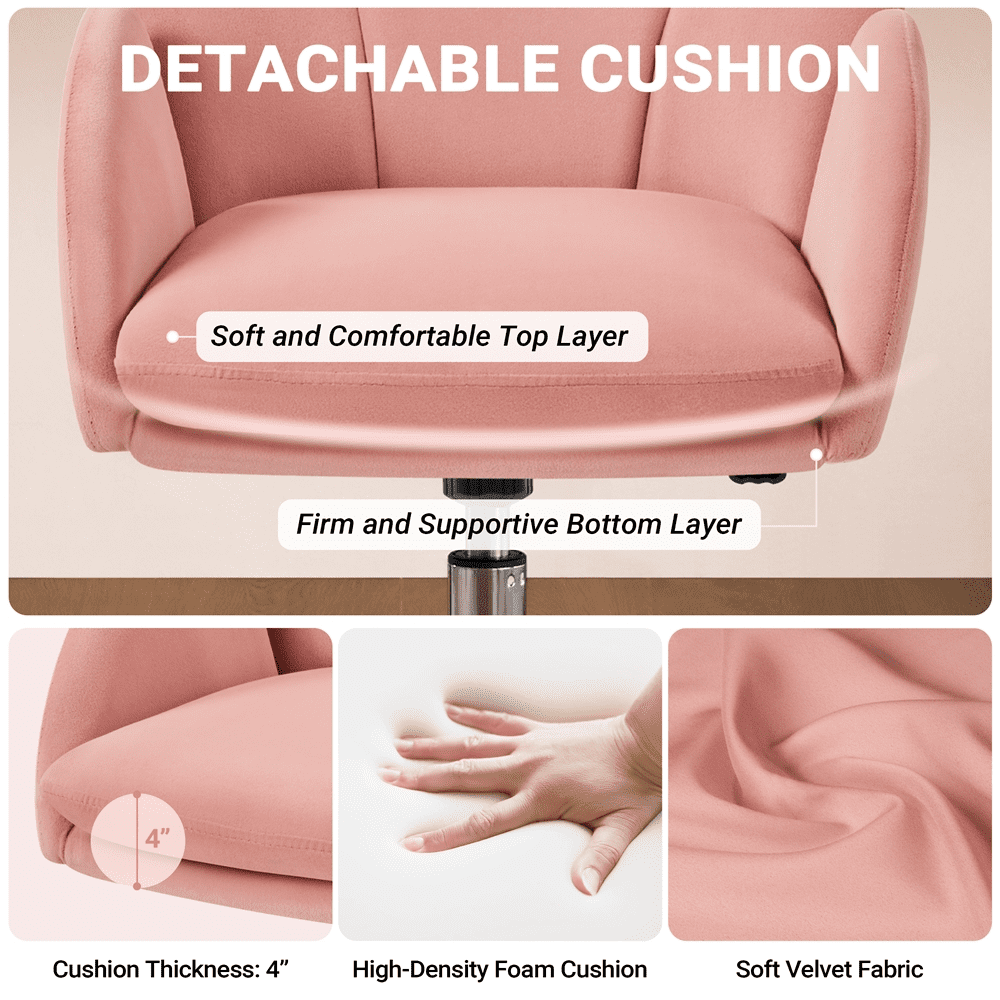 Alden Design Modern Velvet Rolling Desk Chair for Home Office, Pink