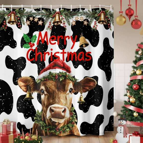 Christmas Shower Curtain, Winter Cow Xmas Pine Branches Animals Print Waterproof Fabric Shower Curtains with 12 Hooks, Bathroom Curtain Set for Bathroom Accessories Decor, 72 x 72 Inches
