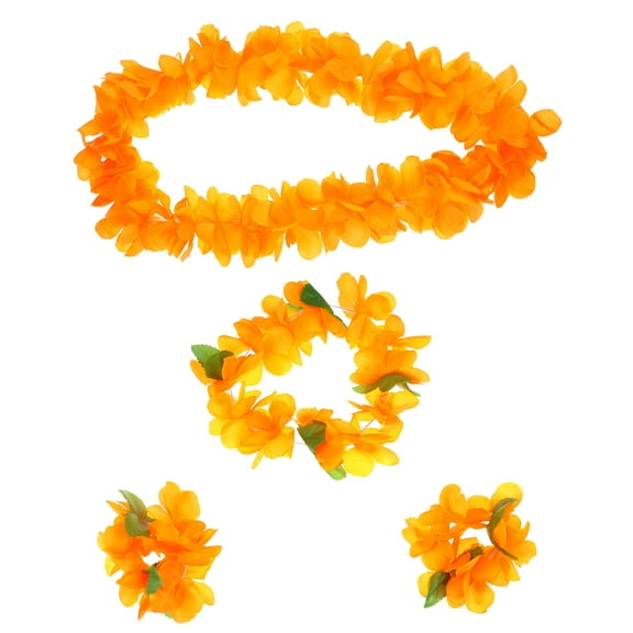 4-Piece Hawaiian Garland Set with Necklace and Bracelets, Thick Tropical Beach Party Accessories in Bright Orange