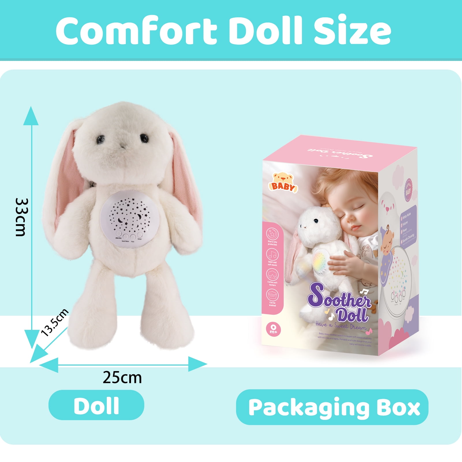 LINXUXIE Musical Rabbit Plush Toy with Soothing Light & Sound, Soft Stuffed Animal for Newborn to Toddler 0-36 Months