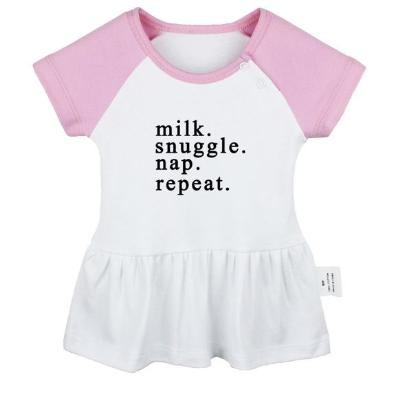 Milk Snuggle Nap Repeat Funny Dresses For Baby, Newborn Babies Skirts, Infant Princess Dress, 0-24M Kids Graphic Clothes (Pink Raglan Dresses, 0-6 Months)