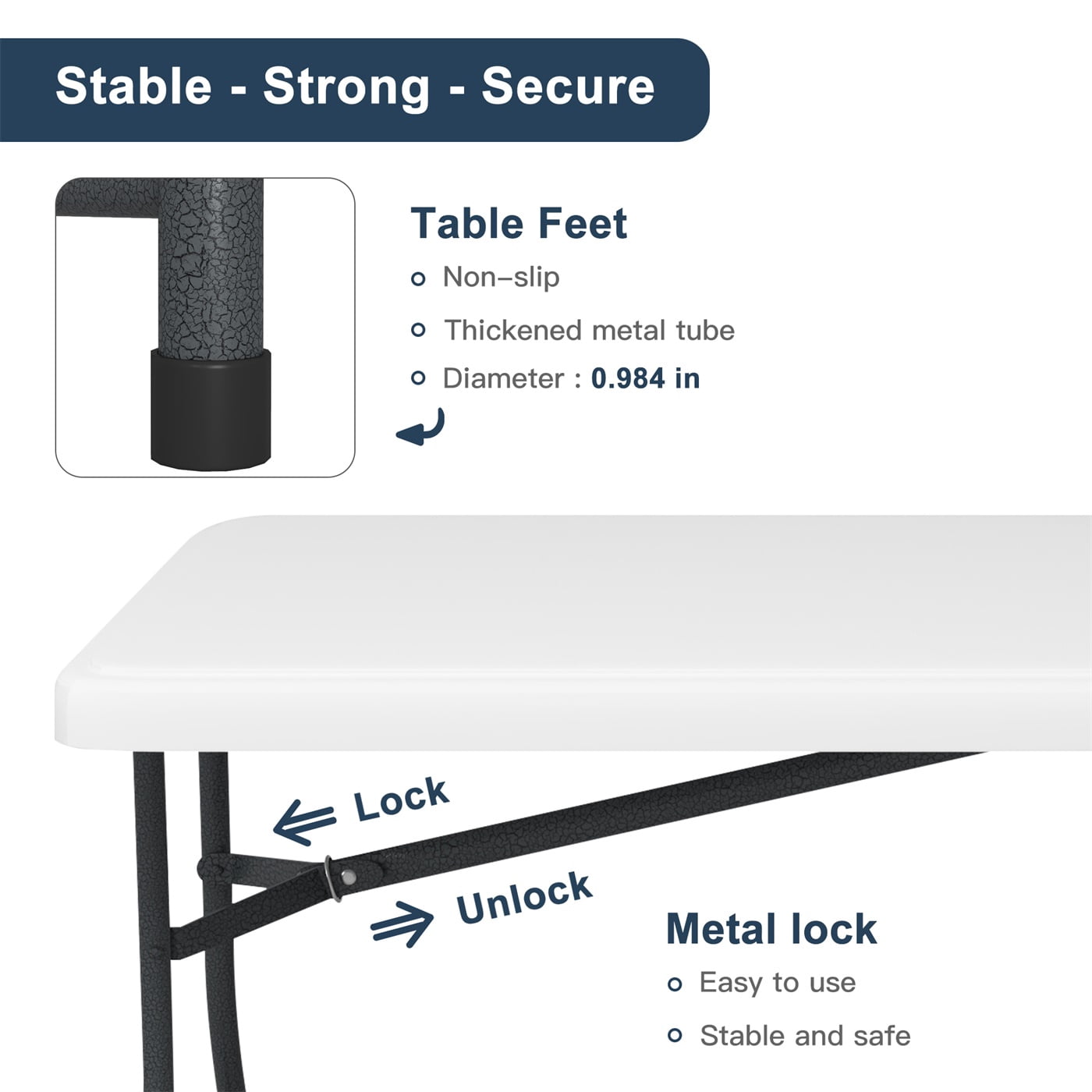 Hommoo 6ft Plastic Dining Picnic Table, Portable Fold-in-Half Table Folding Table for Home Office Party Picnic, with Lock, White