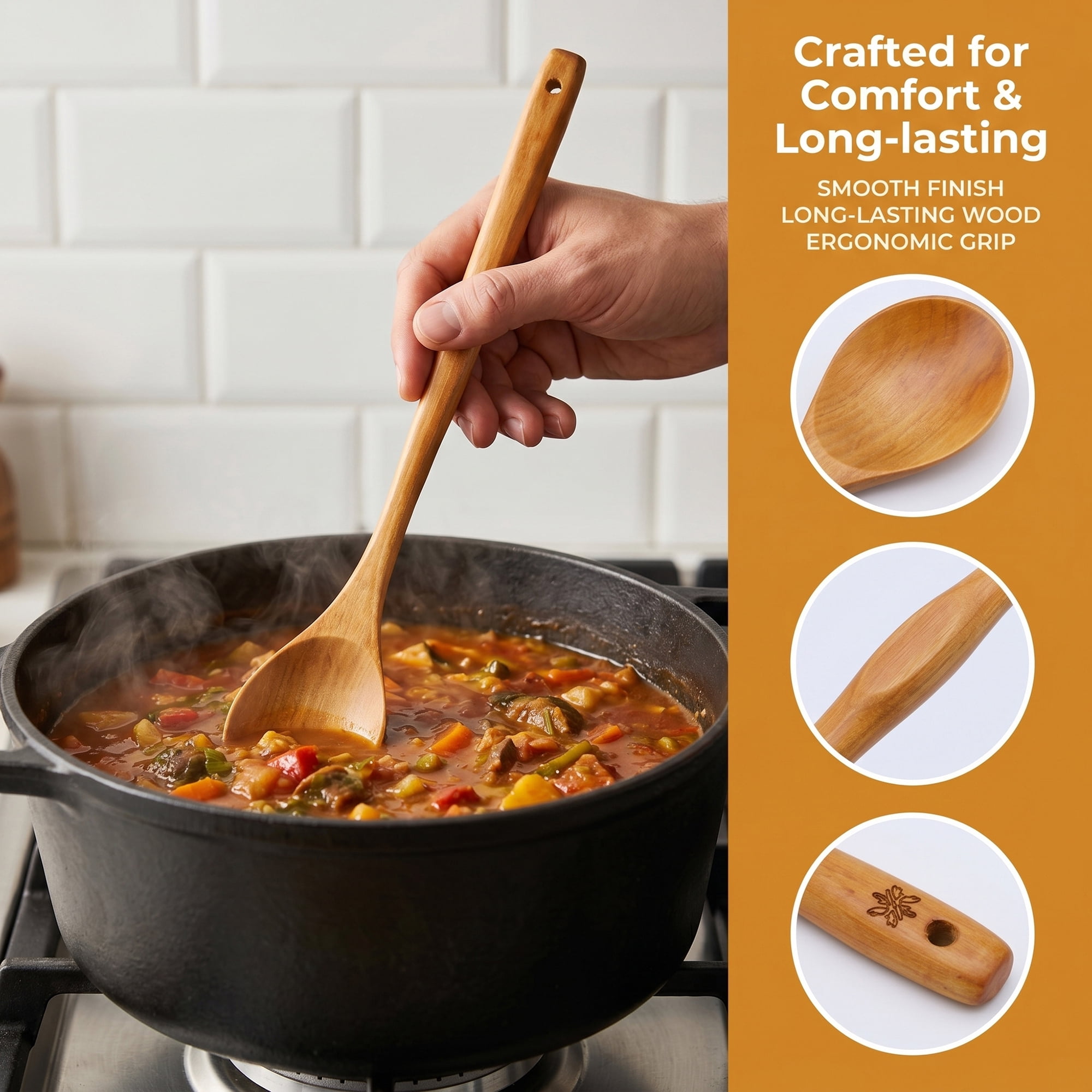 Unique Bargains Non Stick Pans Heat Resistant Handle Wood Spoon Brown B 13" x 2"