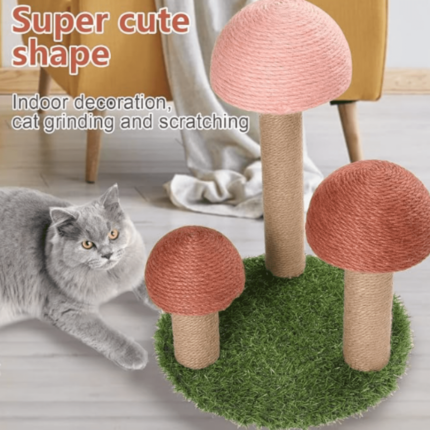Cat Scratching Post, Mushroom Claw Scratching Post for Cat, Natural Sisal Cat Scratchers with 3 Mushroom Pole, Cat Interactive Toys