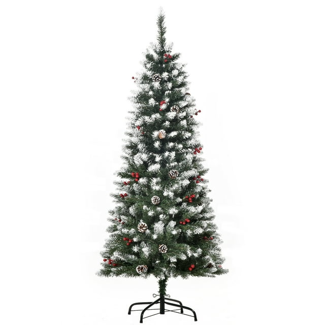 HOMCOM Arbre de Noël en Flocage avec Baies Rouges, Pommes de Pin, Vert