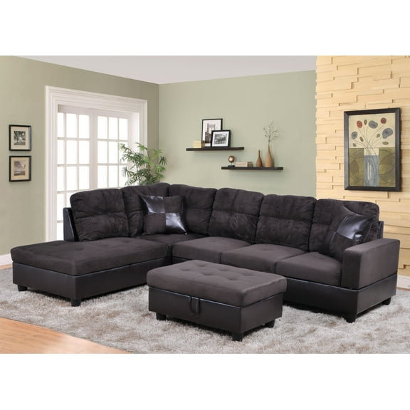 AYCP Furniture Sectional Sofa 3 Pieces L-Shape Sectional Sofa Set, Left Hand Facing Chaise, Microfiber & Faux Leather Upholstery Material, Espresso Color, More Colors & Styles Available