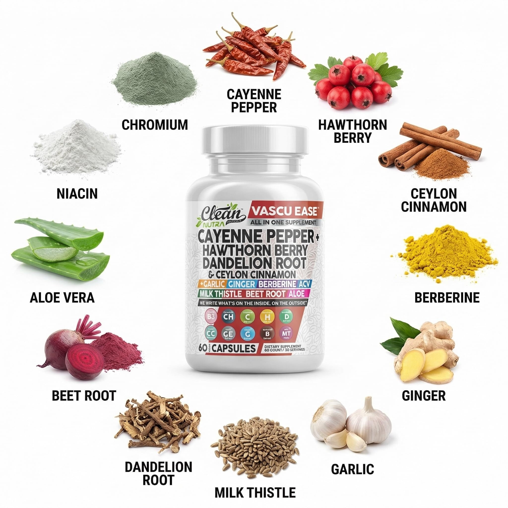 Clean Nutra Cayenne Pepper Capsules Supplement with Hawthorn Berry, Dandelion Root, Ceylon Cinnamon, Garlic, Ginger, Berberine, Apple Cider Vinegar, Milk Thistle, Beet Root, Aloe Vera Pills & More