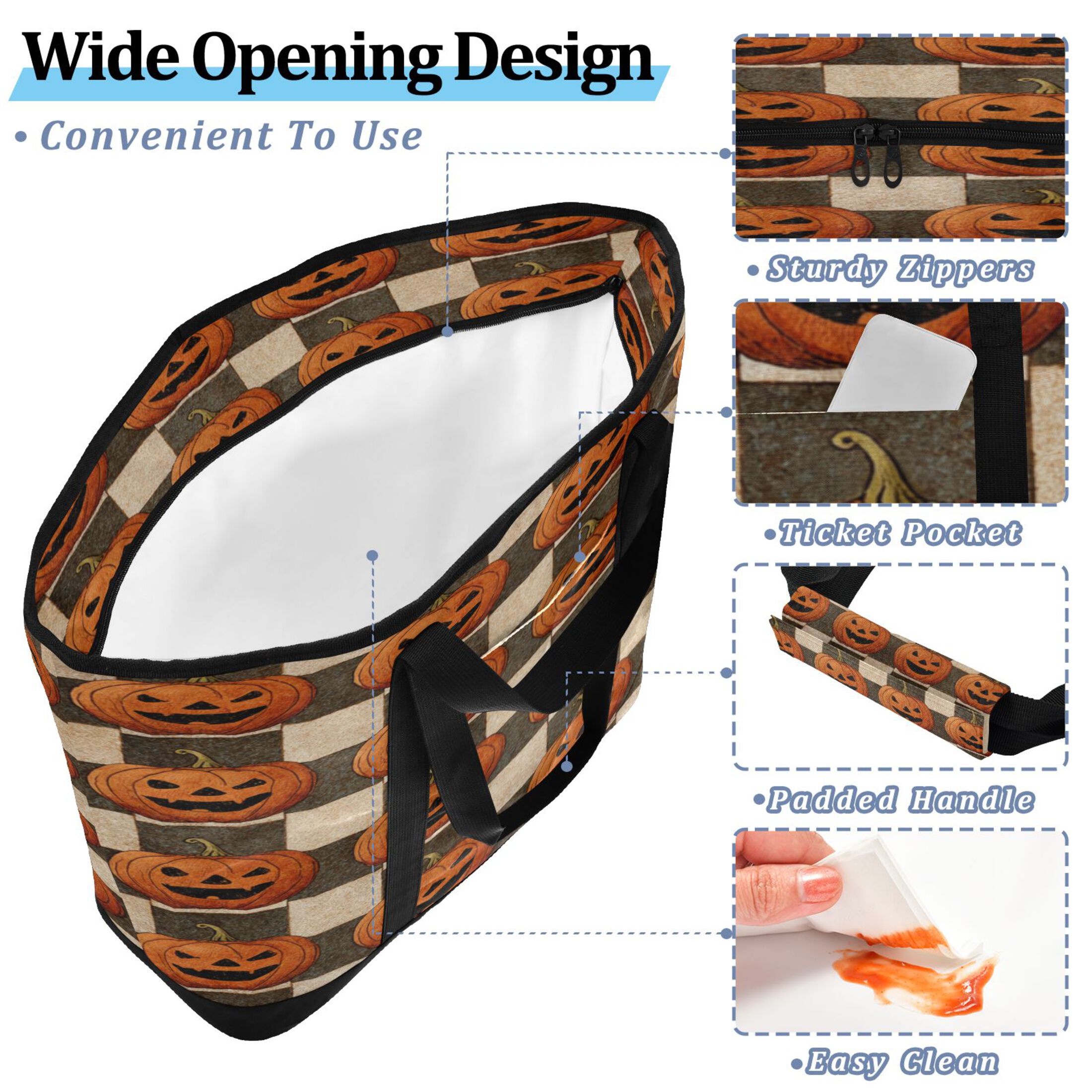 Extra-Large Wide Opening Design Capacity Hand-Held Ice Pack Thickened Insulation Layer For Long-Lasting Cold Retention For Outdoor Shopping Picnics And Camping Striped Wicked Pumpkins