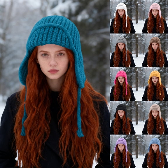 Wutalume Women's Aviator Style Winter Hat, Large Size Fleece Lined Wool Beanie for Big Head, Fashionable Warm Knit Cap for Cold Weather,Black